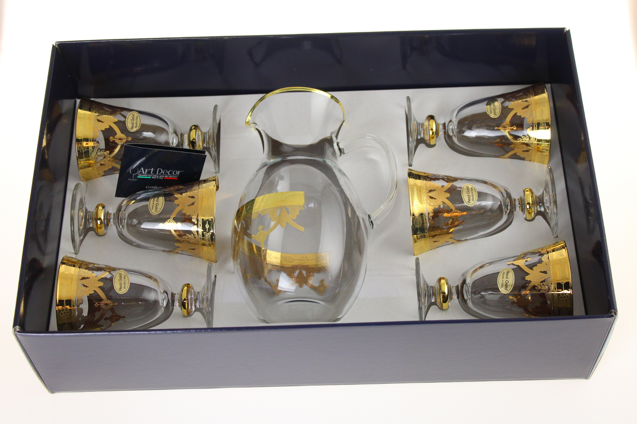 Set 7 pezzi calici bassi in oro 24kt con brocca